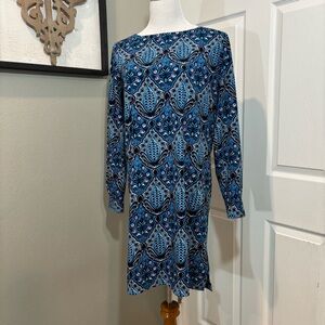 LOFT Blue Geometric Long Sleeve Shift Dress Knee Length | Size: Small